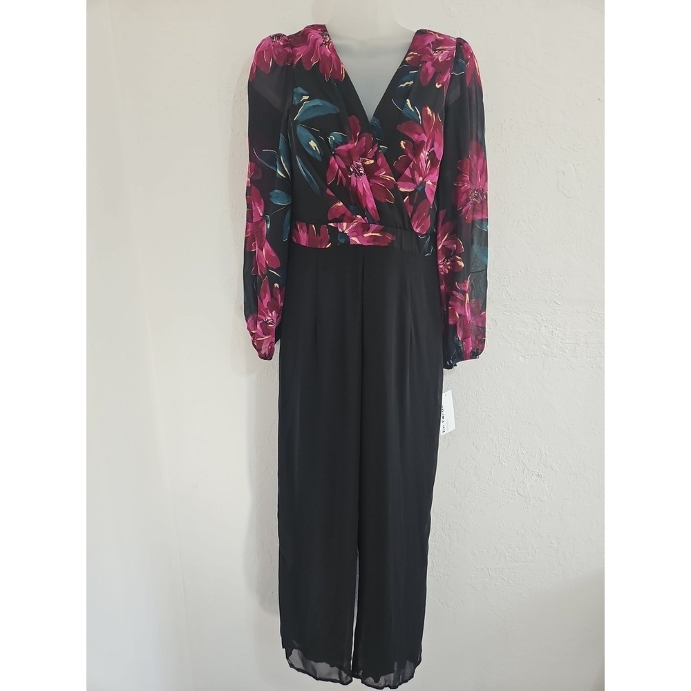 Enfocus Studio Size 4 Sheer Black Wrap Floral Jumpsuit Whimsigoth Fairygrunge